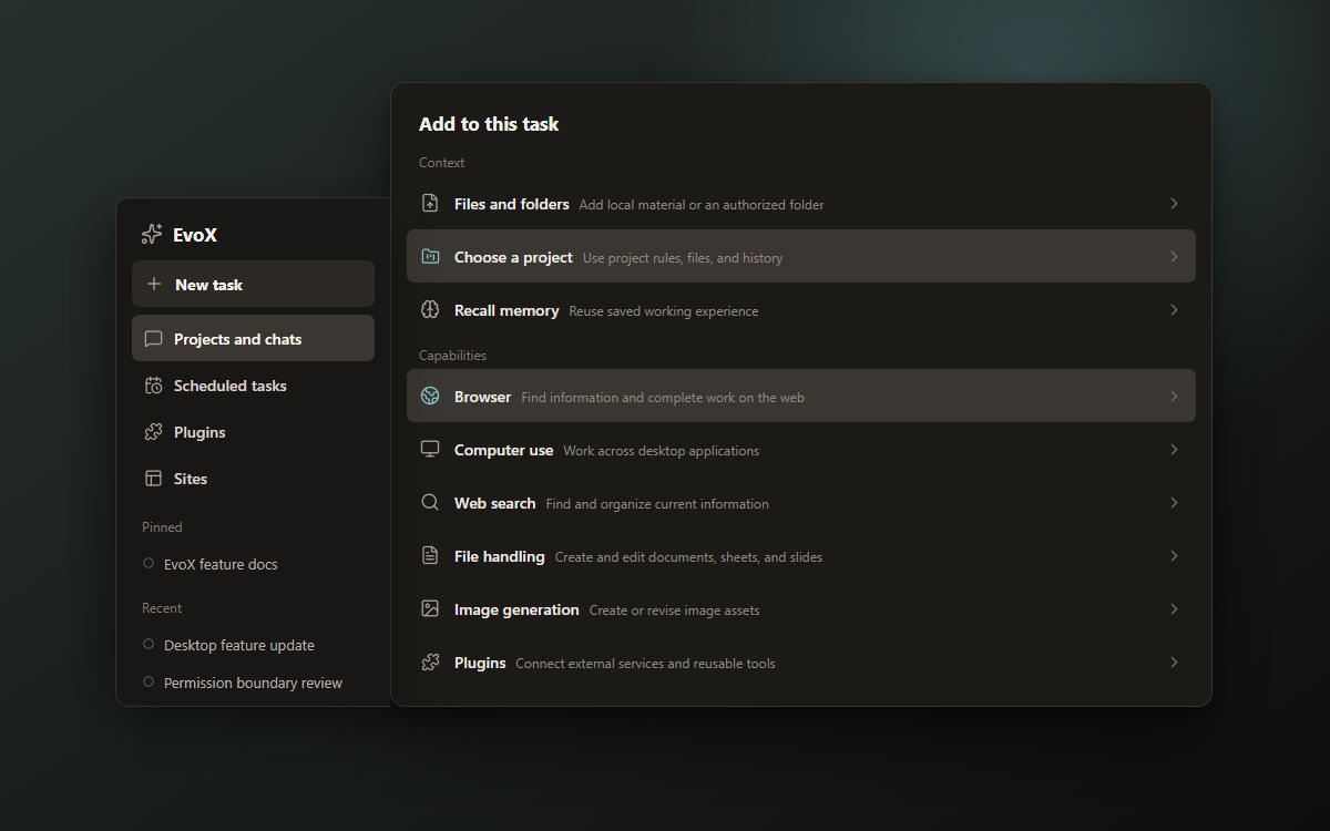 EvoX capabilities and context menu